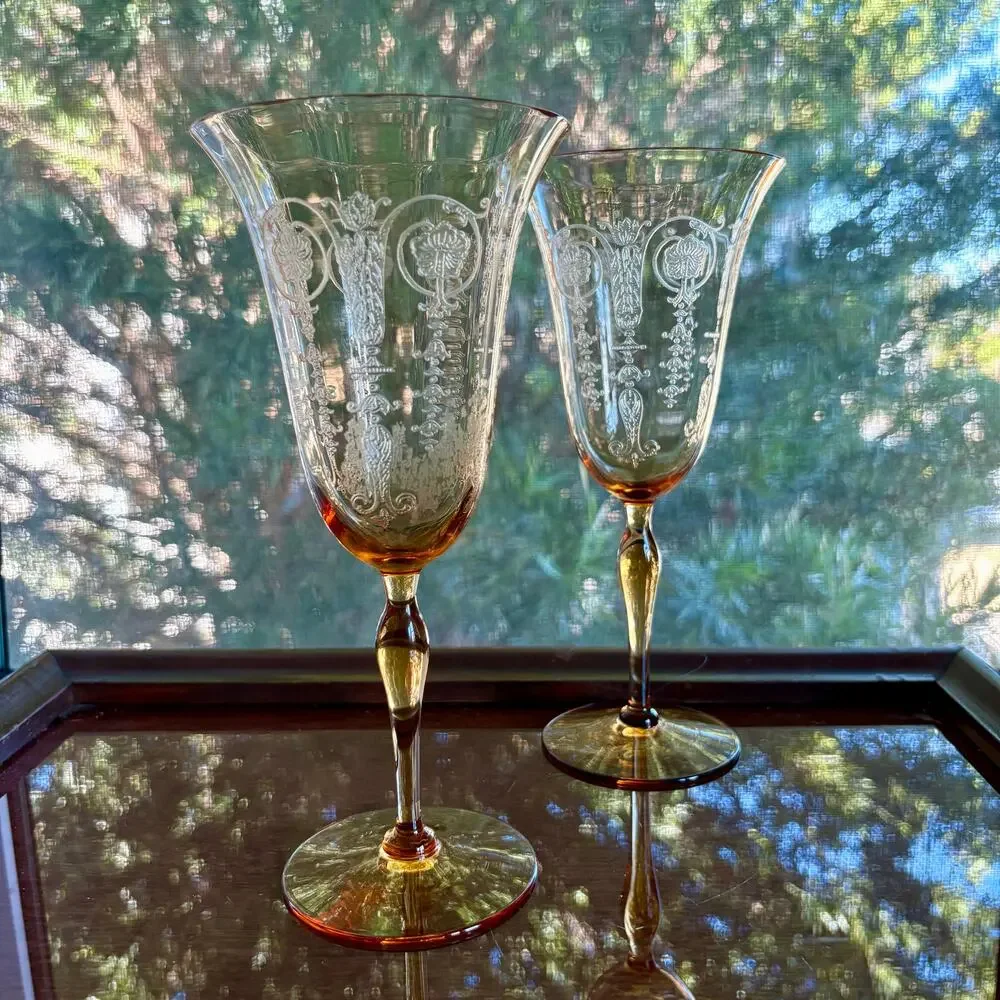 Set of 2 1940s Vintage Etched Amber Stem Wine Goblets Art Deco Glass UV Red Glow